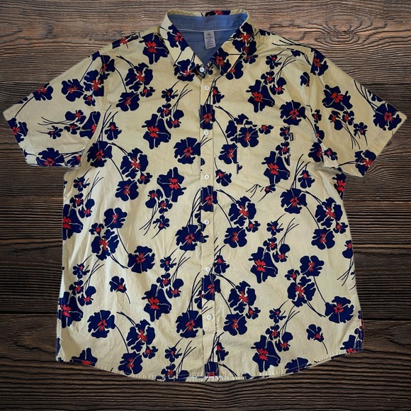 Hurley Other - Hurley Mens XXL Floral Short Sleeve Button Down Shirt Tan Navy Hibiscus Print